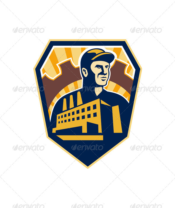 Factory Worker Building Cog Shield Retro Factory Worker Building Cog Shield Retro