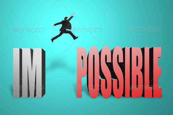 Businessman jumping to concrete word possible