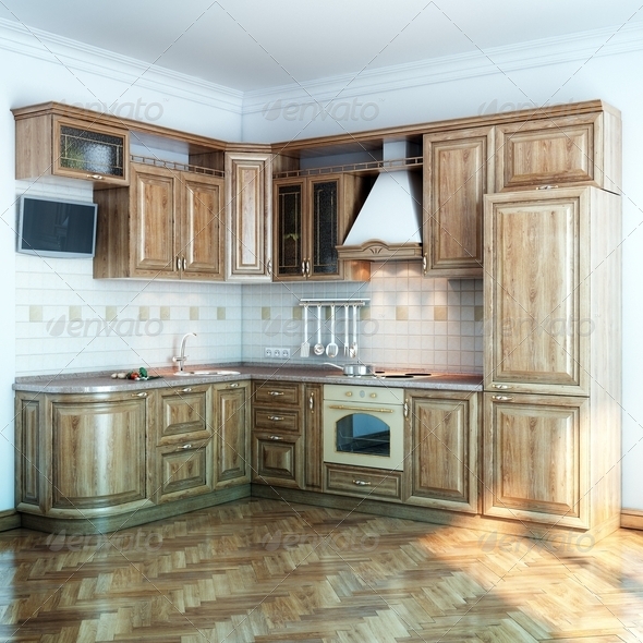wood kitchen in new white room with parquet floor