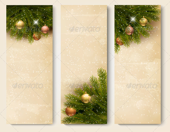 Three Retro Holiday Banners with Christmas Tree Three Retro Holiday Banners with Christmas Tree