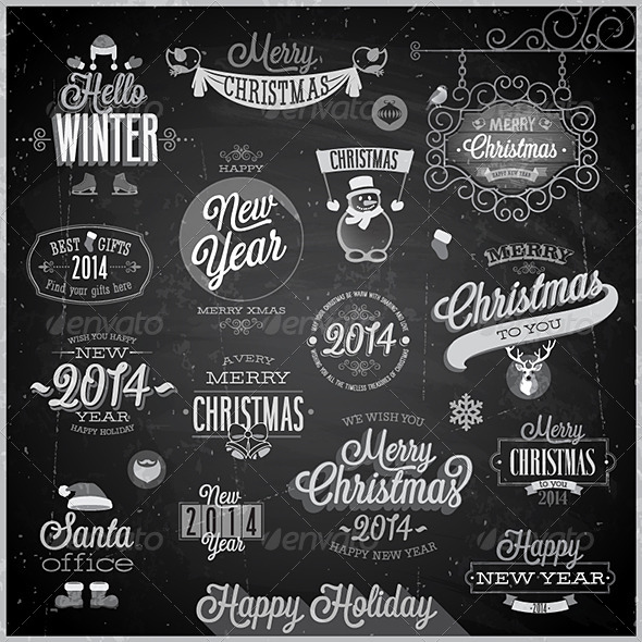 Christmas Set of Labels and Emblems on Chalkboard Christmas Set of Labels and Emblems on Chalkboard