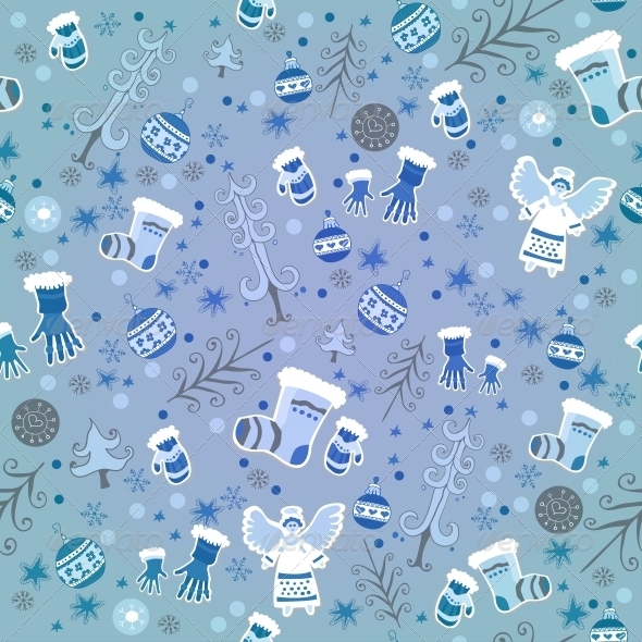 Blue Winter Pattern with Angels and Gloves Blue Winter Pattern with Angels and Gloves