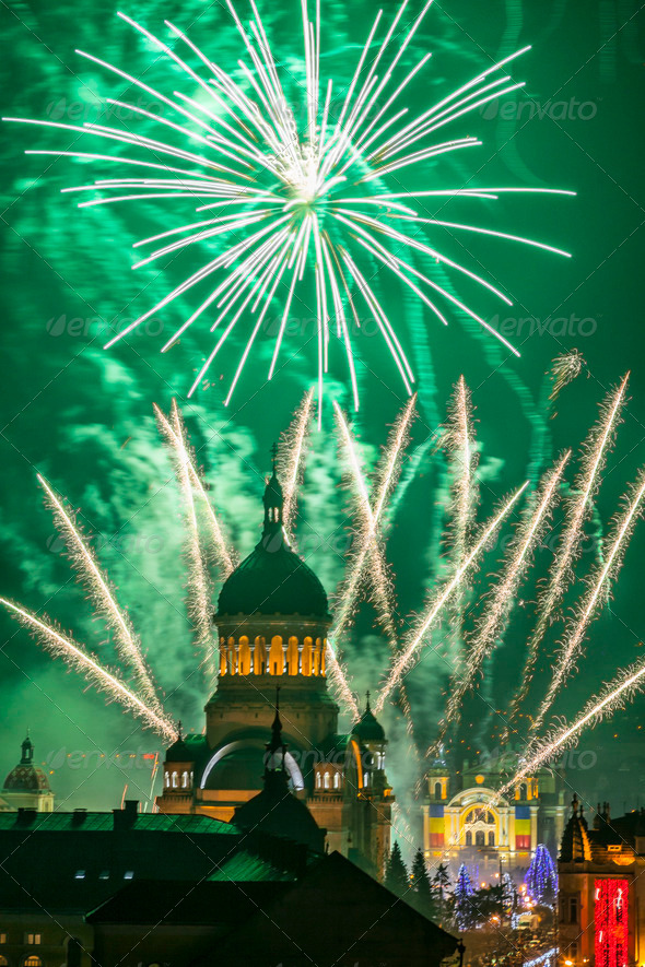Fireworks in Cluj Napoca, Romania - Stock Photo - Images