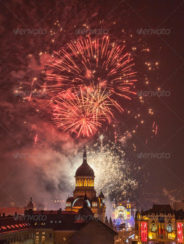 Fireworks in Cluj Napoca, Romania - Stock Photo - Images
