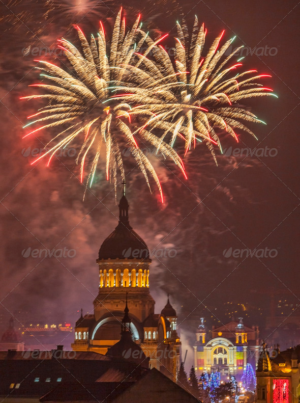 Fireworks in Cluj Napoca, Romania - Stock Photo - Images
