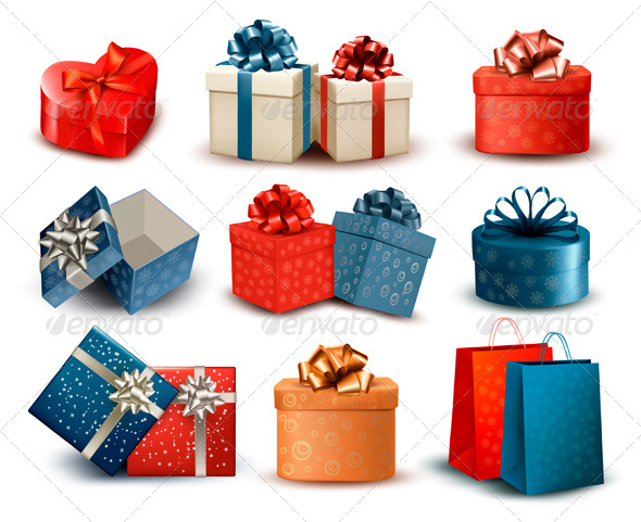 Set of Colorful Retro Gift Boxes with Bows Set of Colorful Retro Gift Boxes with Bows