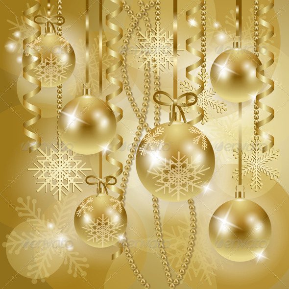 Christmas Background with Baubles in Gold - Christmas Seasons/Holidays