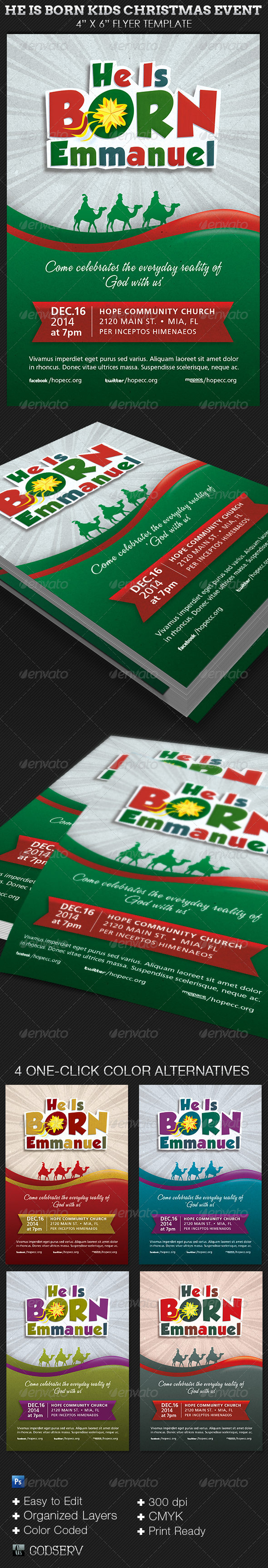 He Is Born Kids Christmas Flyer Template - Church Flyers