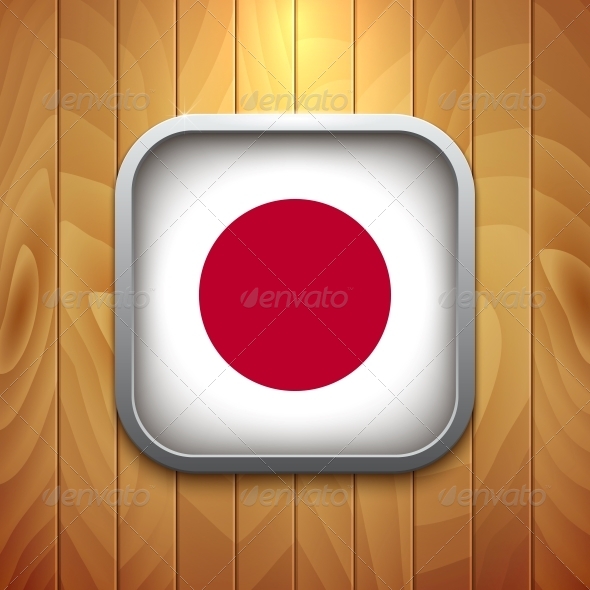 Rounded Square Japan Flag Icon on Wood Texture.