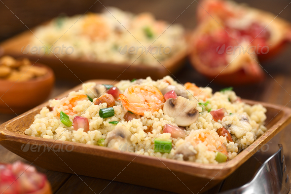 Couscous with Shrimp, Mushroom, Almond and Pomegranate