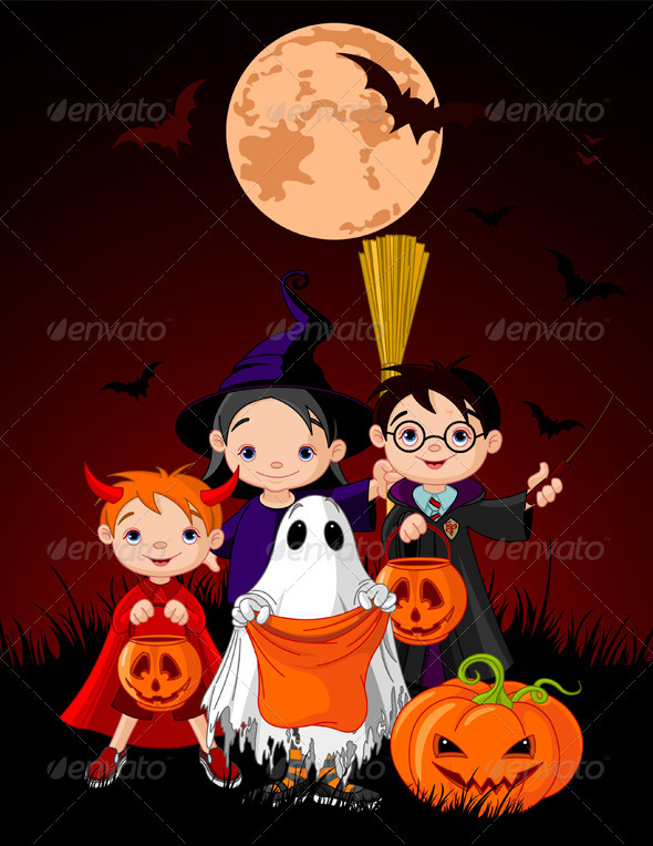 Halloween background with   trick or treating chil