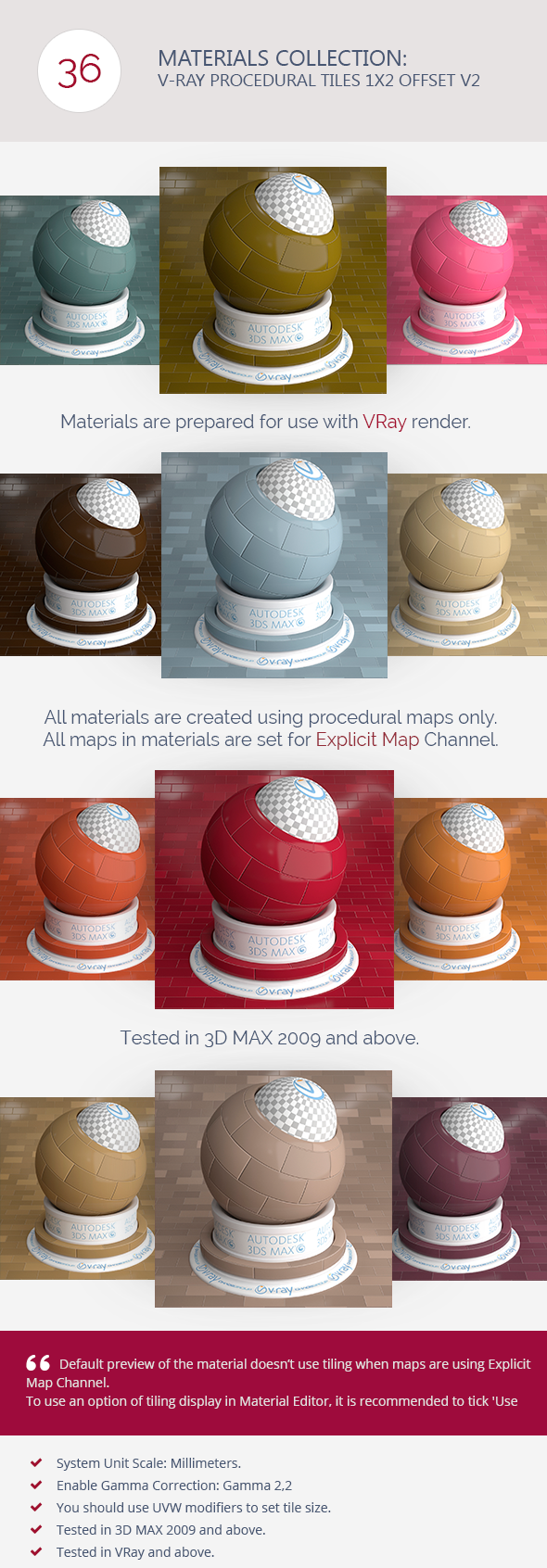 V-Ray Procedural Tiles 1x2 Offset V2 - 3DOcean Item for Sale