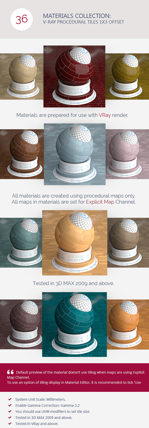 V-Ray Procedural Tiles 1x3 Offset - 3DOcean Item for Sale