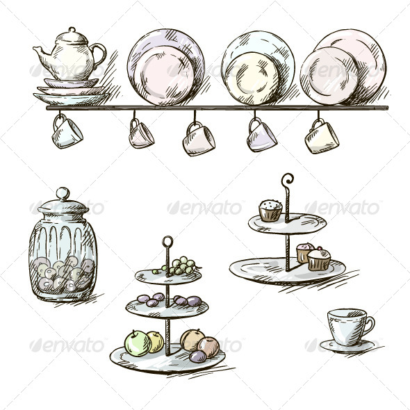 Hand Drawn Illustration of Kitchen Utensils - Food Objects