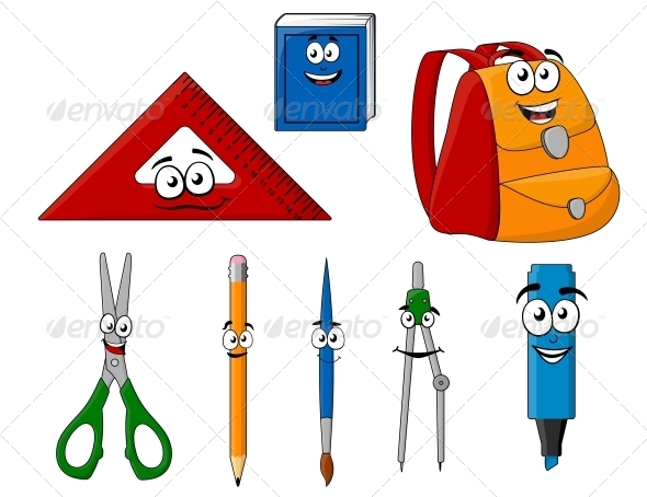 School Supplies and Objects in Cartoon Style School Supplies and Objects in Cartoon Style