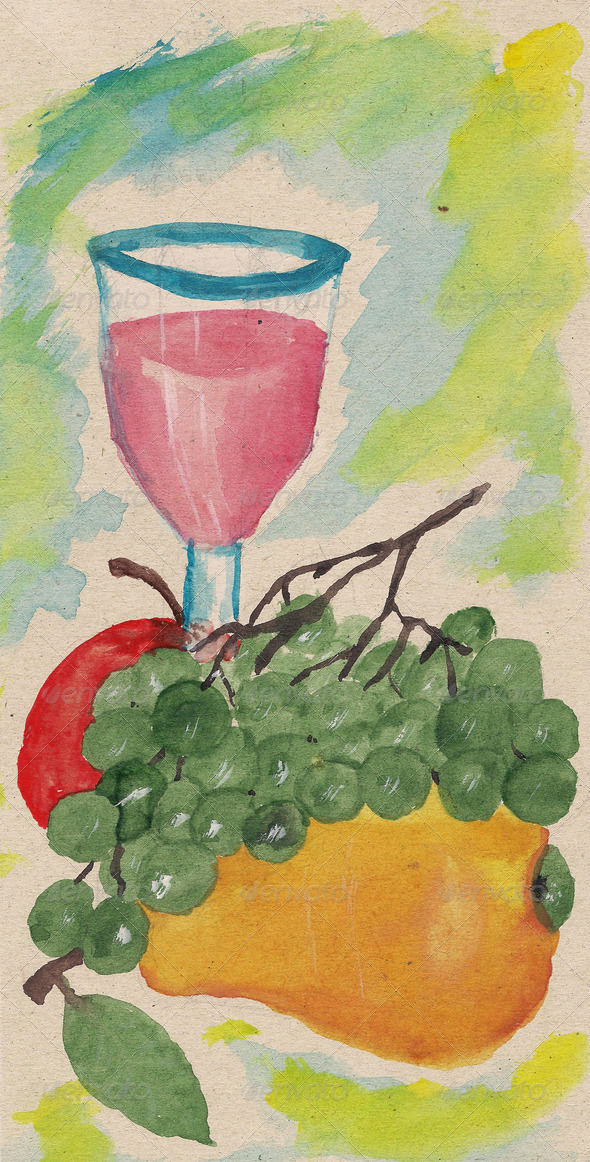 Still life with wine and fruit. watercolor