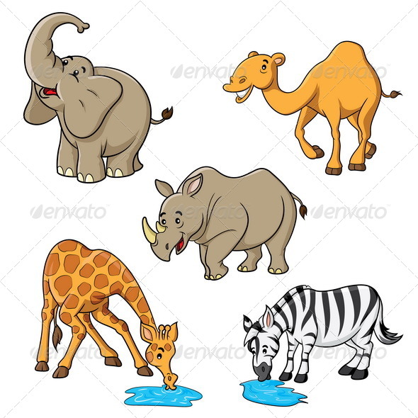 Camel Elephant Giraffe Rhino & Zebra Cartoon Camel Elephant Giraffe Rhino & Zebra Cartoon