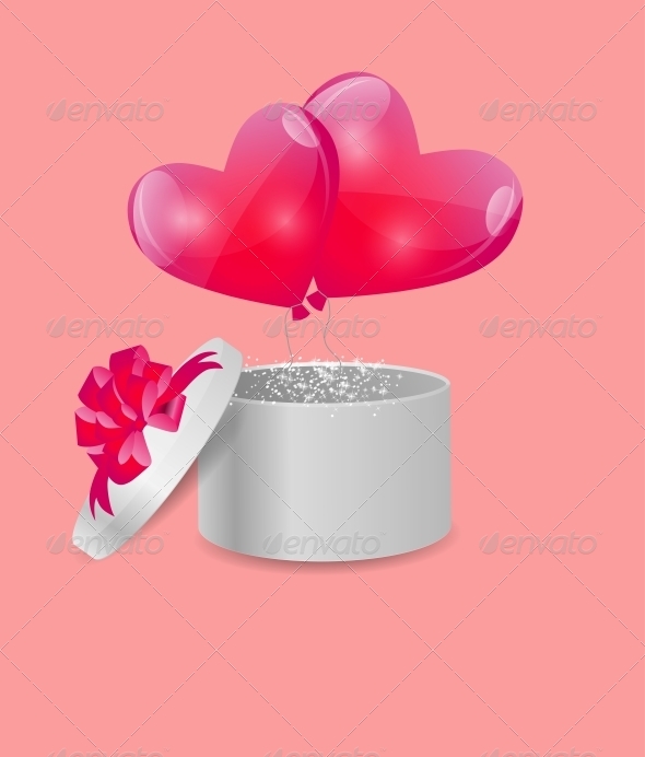 Valentines Day Card with Gift Box and Heart Balloons