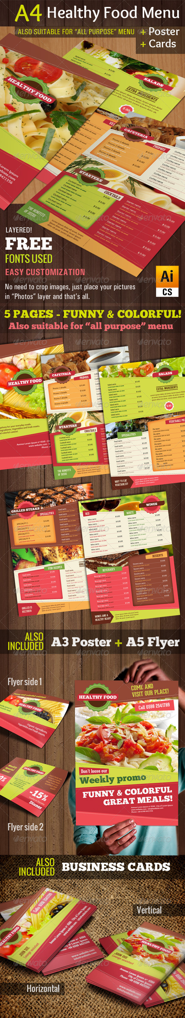 A4 Healthy Food Menu + Poster + Flyer + Cards