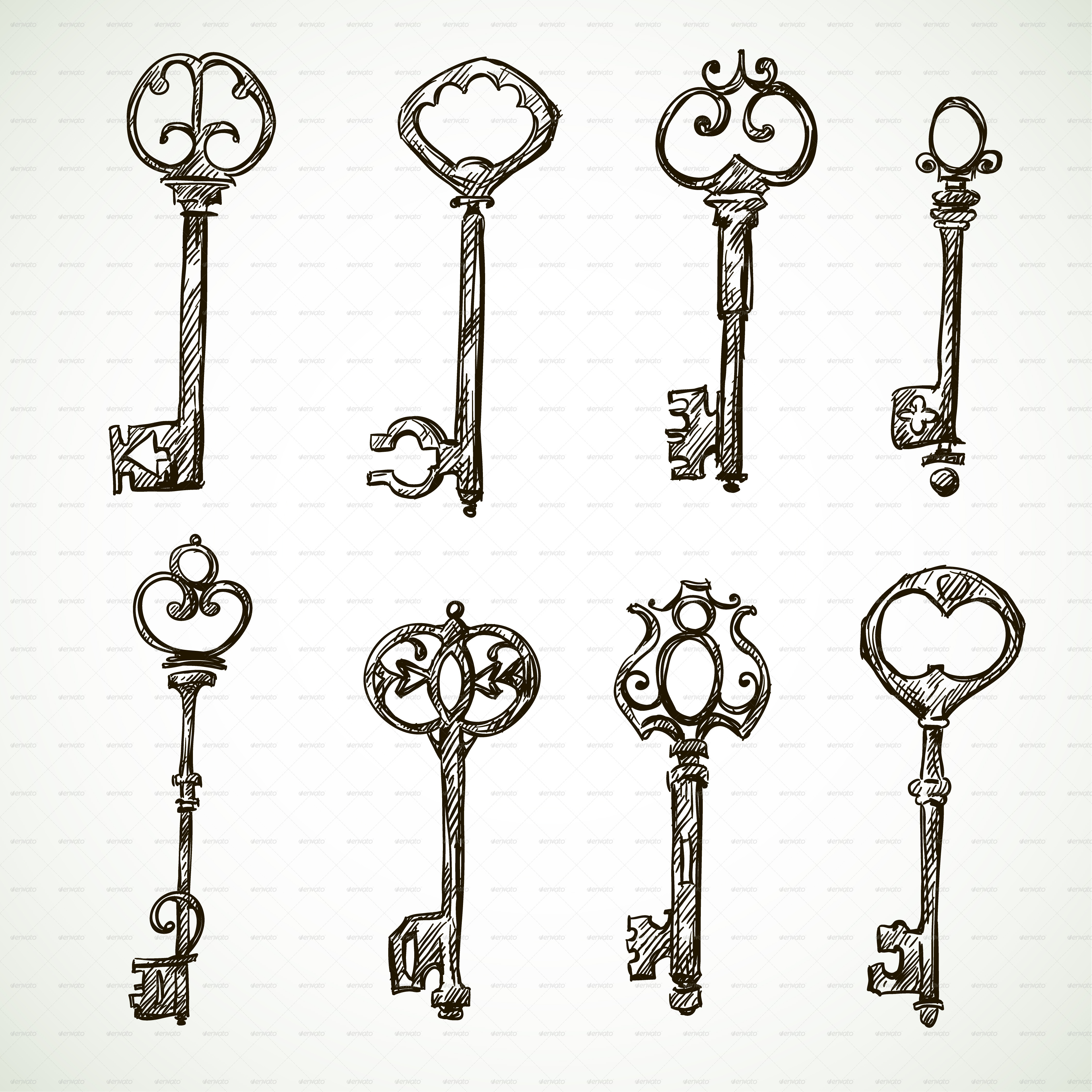 Key Sketch Set of vintage key drawings