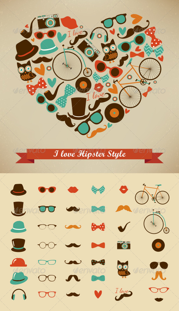 I Love Hipster Style Illustration & Retro Icons I Love Hipster Style Illustration & Retro Icons