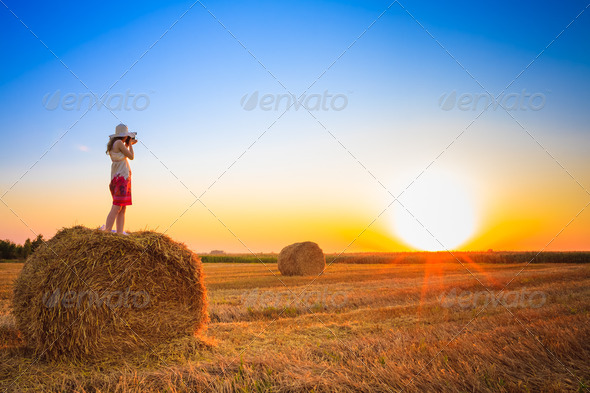 Beautiful Young Girl Woman In Dress Staying On Haystack