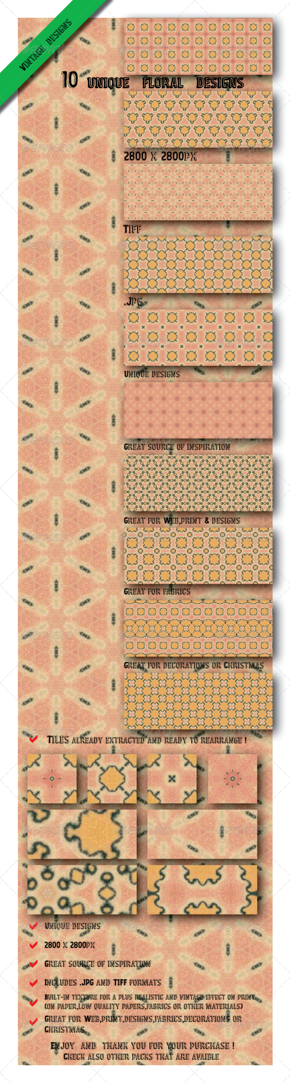 10 Vintage Floral Design Tile Paper Pack 10 Vintage Floral Design Tile Paper Pack