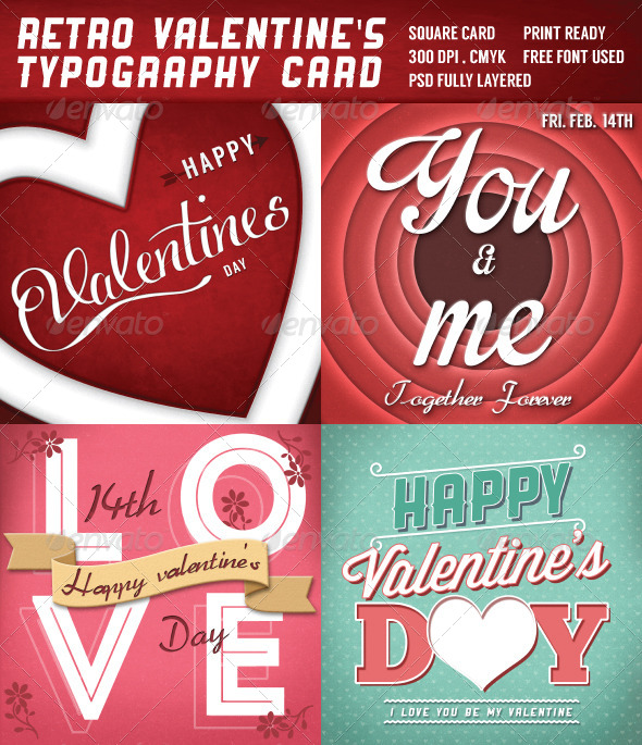 Retro Valentines Typography Cards