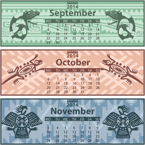 Autumn Calendar 2014 with Mayan Ornaments