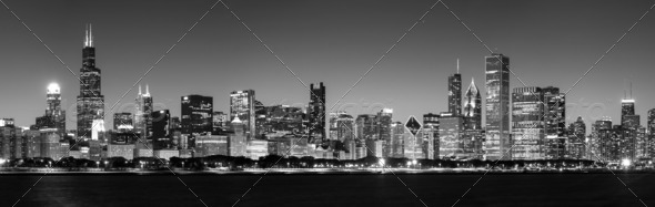Panoramic view of Chicago Skyline at Night in black and white