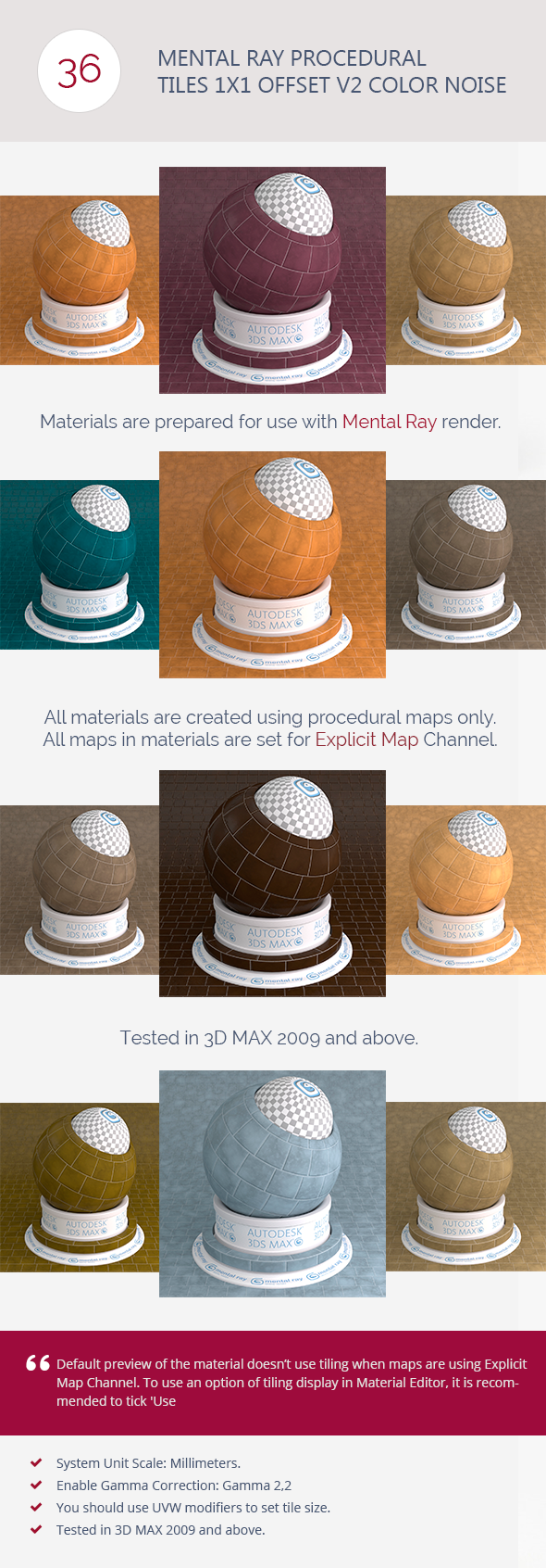 Mental Ray Procedural Tiles 1x1 Offset V2 Color No - 3DOcean Item for Sale