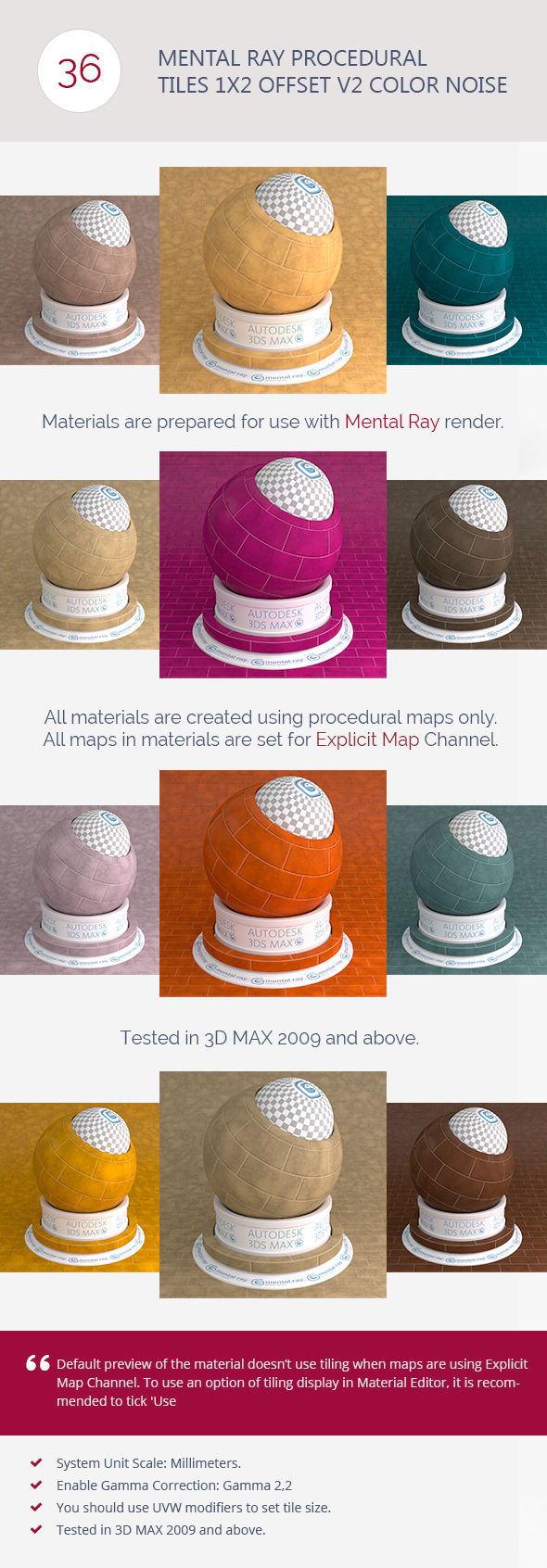 Mental Ray Procedural Tiles 1x2 Offset Color Noise - 3DOcean Item for Sale