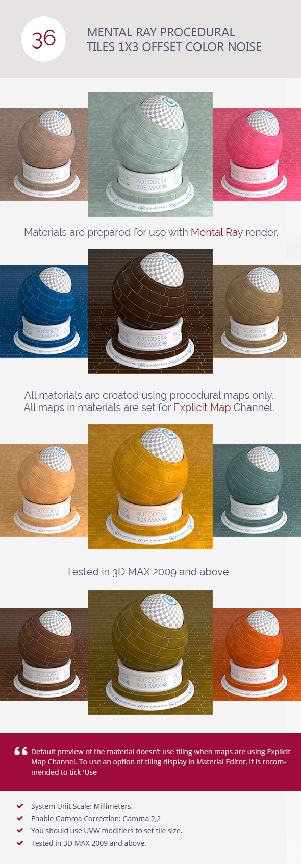 Mental Ray Procedural Tiles 1x3 Offset Color Noise - 3DOcean Item for Sale