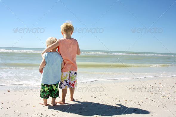 Brothers on Beach Looking at Ocean