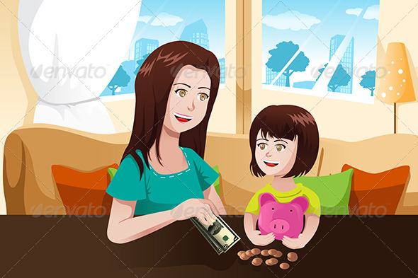 Mother and Daughter with Piggy Bank Mother and Daughter with Piggy Bank