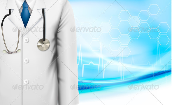 Medical background with a doctor27;s lab white coat and stethoscope.