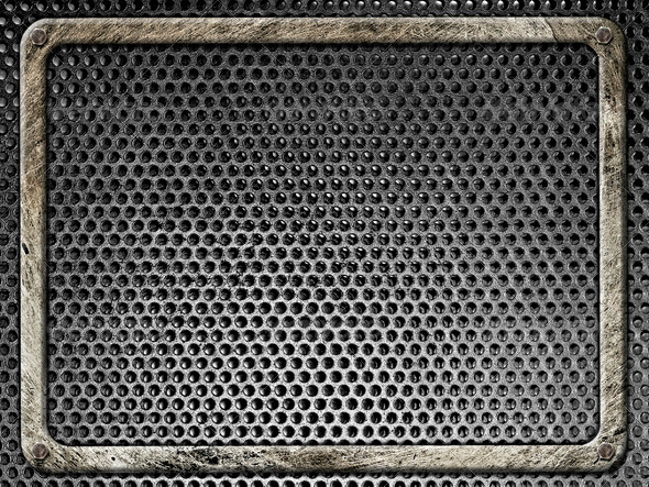 Steel frame bolted in grunge style on a background of black metal grilles