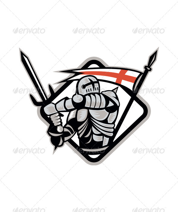 English Knight Fighting Sword England Flag Retro