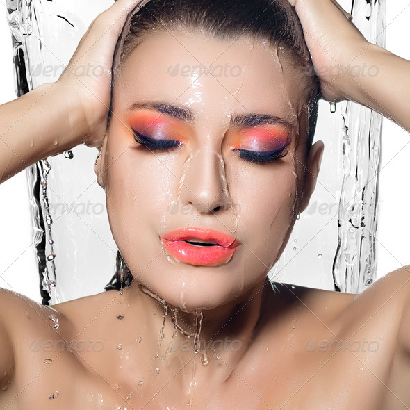 Young Beautiful Woman with Fluor Wet Makeup. Beauty and Fashion