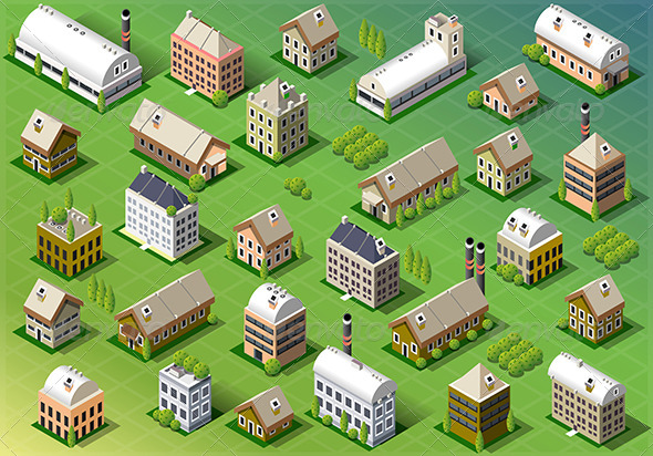 Set of Isometric Building in Spring Set of Isometric Building in Spring