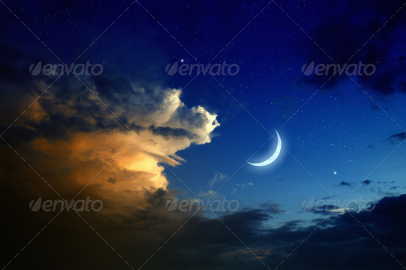 Sunset, moon, stars