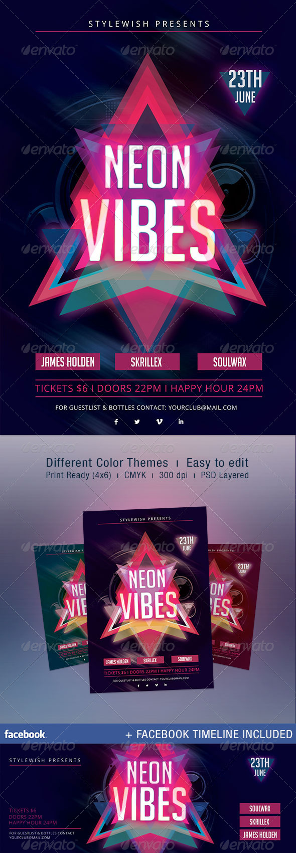 Neon Vibes Flyer + Fb Timeline - Clubs & Parties Events