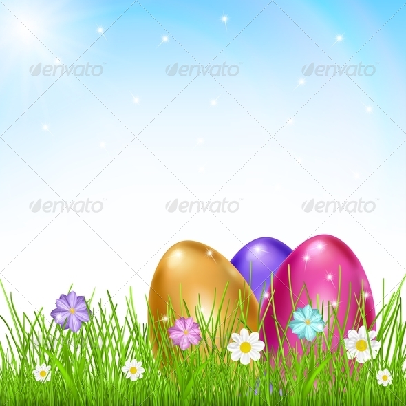 Three Multicolored Eggs in Grass with Flowers Three Multicolored Eggs in Grass with Flowers