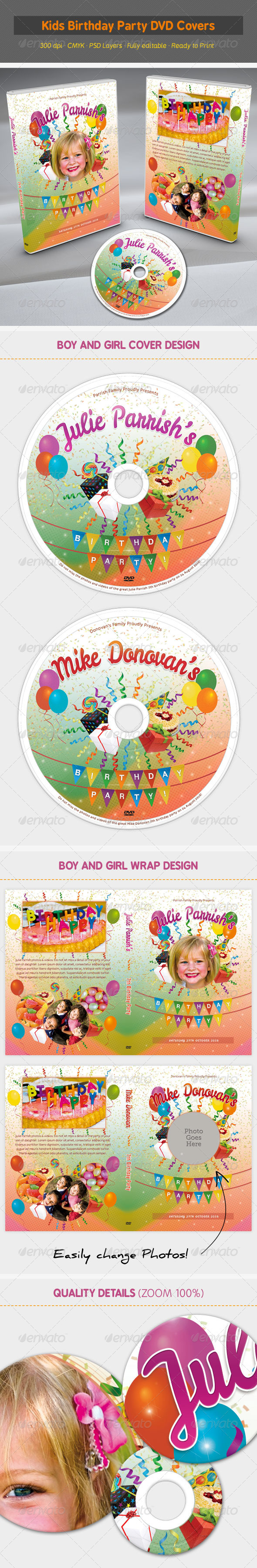 Kids Birthday Party DVD Covers - CD & DVD artwork Print Templates