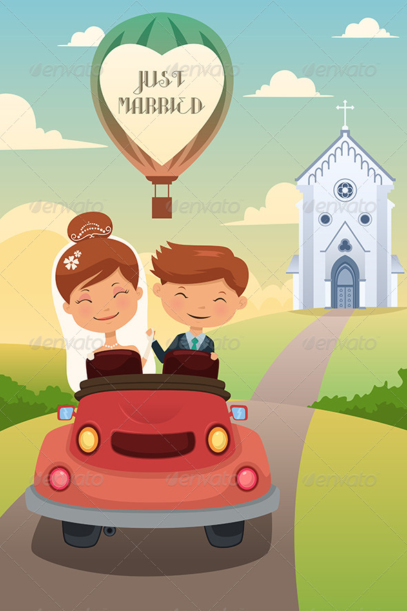 Bride and Groom Riding a Car after Wedding Bride and Groom Riding a Car after Wedding