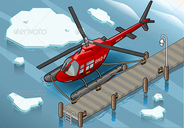 Isometric Arctic Emergency Helicopter at Pier Isometric Arctic Emergency Helicopter at Pier