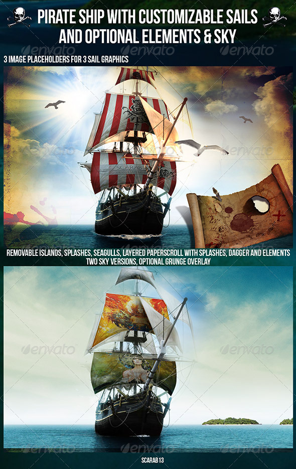 Customizable Pirate Ship with 3 Sail Image Customizable Pirate Ship with 3 Sail Image
