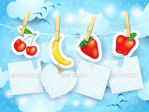 Fruits and Labels on Sky Background