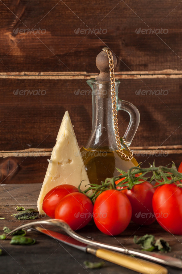 herb, oil, tomatoes and cheese