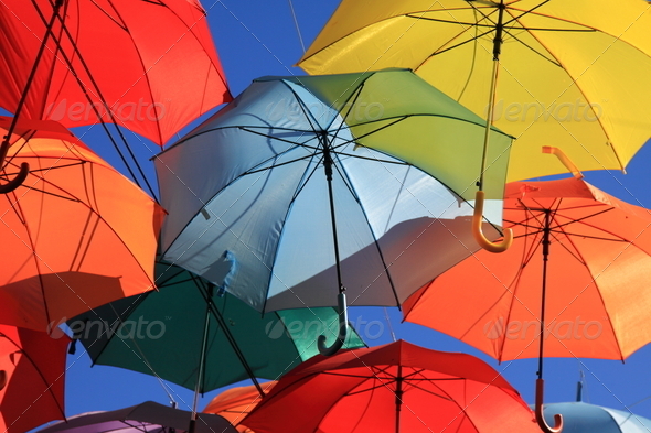 Street decorated with colored umbrellas, Madrid, Getafe, Spain
